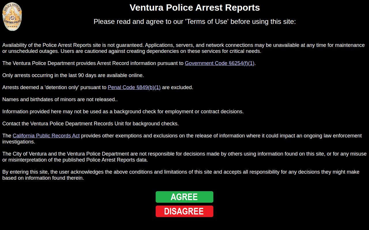Ventura Police official 90-day arrest record portal